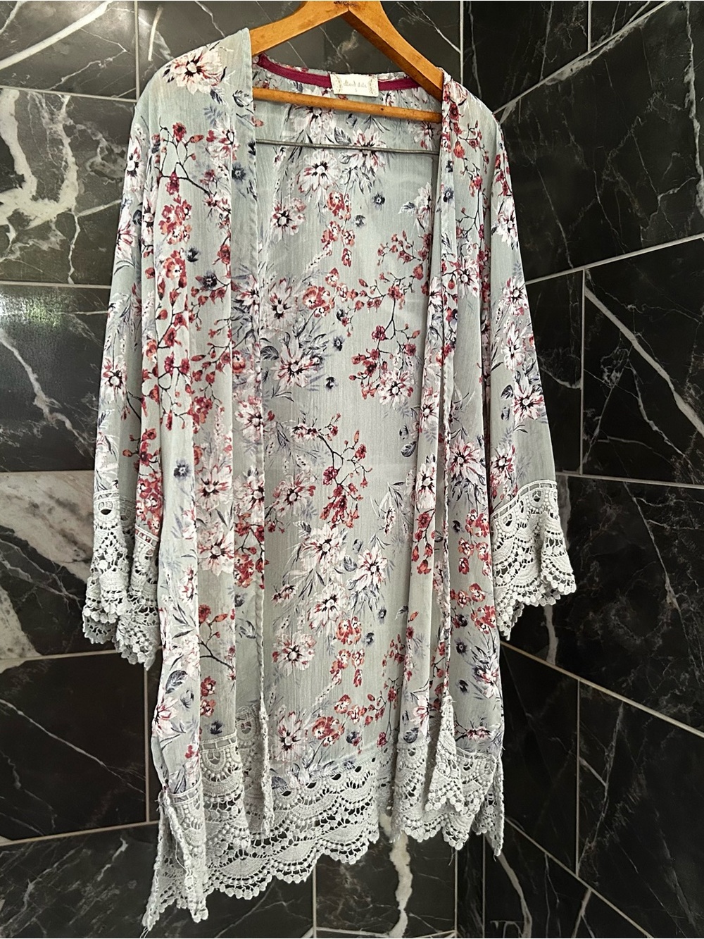 Altar'd State Light Blue Floral Lace-Trim Kimono